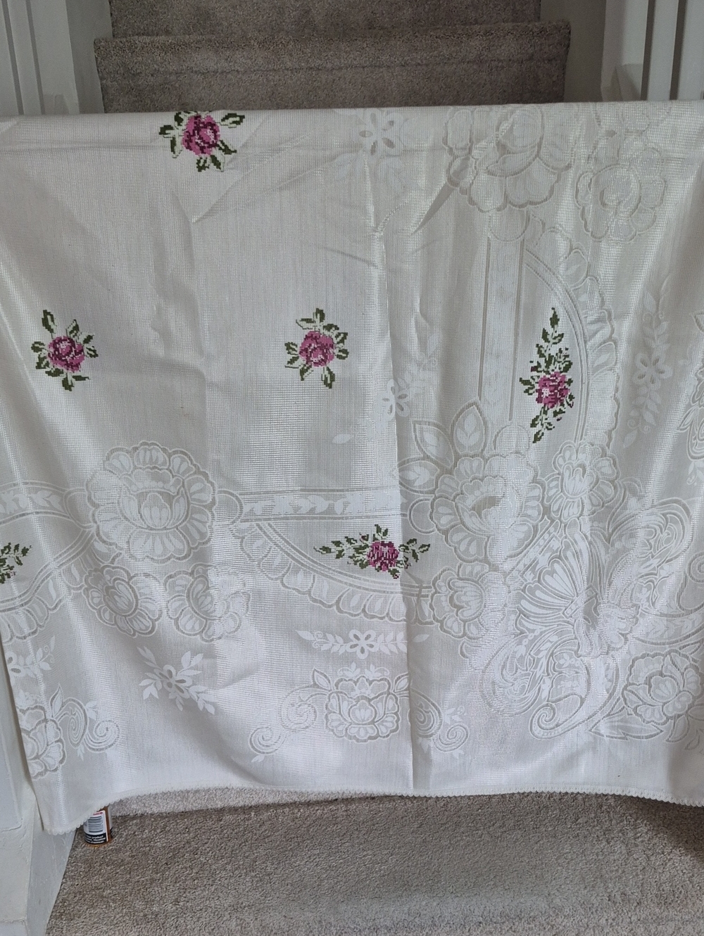 White Floral Embroidered Tablecloth with Pink Rose Accents 60x80